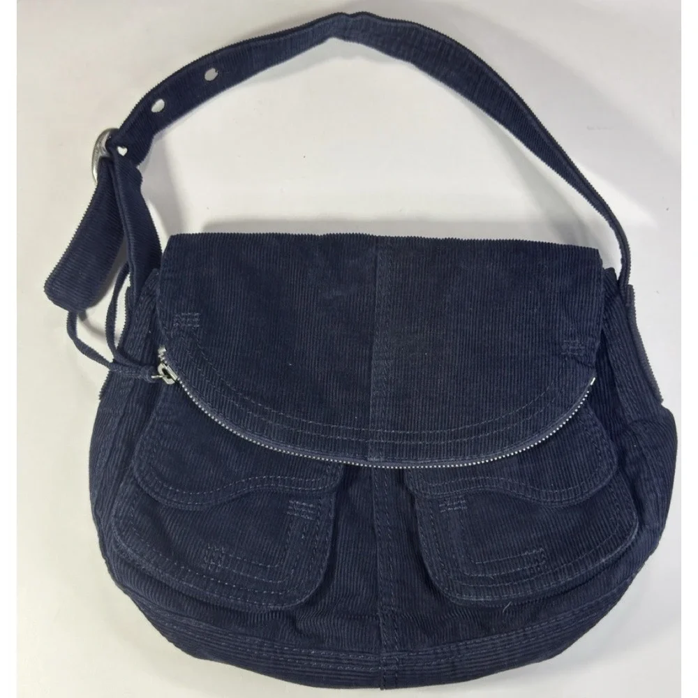 Lucky Corduroy Purse Blue Y2K Hobo Slouchy Cargo Saddle Shoulder Bag Festival